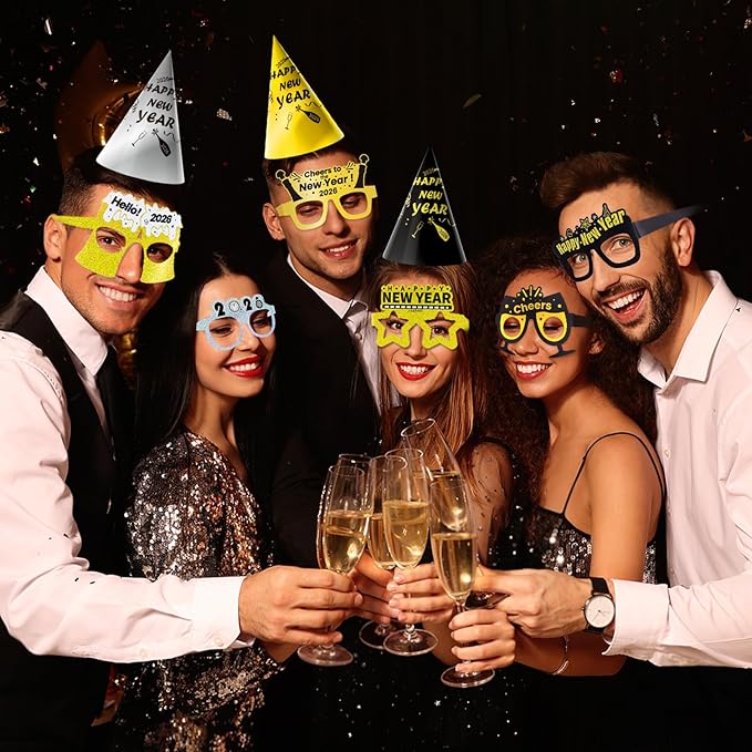 New Years Eve Party Supplies 2026 for 24, New Years Eve Party Decorations, a Banner, 12 Hat, 12 Glasses, 24 Blowouts, 12 Leis, 12 Necklaces 2 Foil Fringe Curtains,32 Inches "2026" Foil Balloons