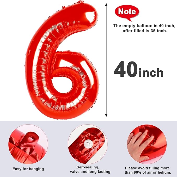 Number 6 Balloon 40 Inch, 6th Birthday Balloon for Boy Girl, Red 16 60 61 65 Numbers Balloons Birthday Party Wedding Events Decorations