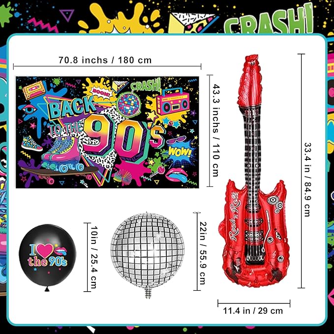 90s Party Decorations Includes 90's Backdrop, Foil & Latex Balloons, Cake & Cupcake Toppers, Honeycomb Centerpieces Banner, Hanging Swirls for 80s 90s Party Decorations