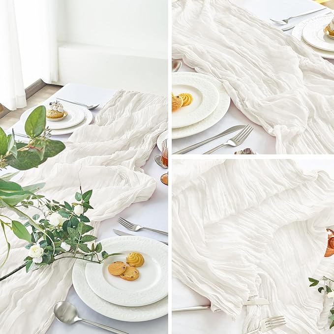 IVAPUPU 1 Pcs Cheesecloth Table Runner - 10ft Ivory White Easter Spring Boho Gauze Cheese Cloth Table Runners for Baby Shower Decoration Wedding Party Garden Farmhouse