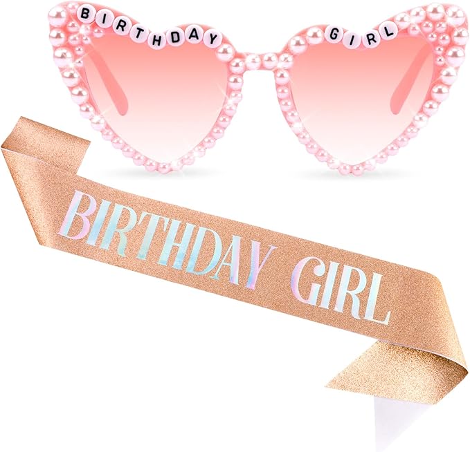 Birthday Girl Sash & Glasses Set, Birthday Sash for Women Girls, Rose Gold 70.8" * 3.75", Happy Birthday Accessories Party Favors Set for Women Girls