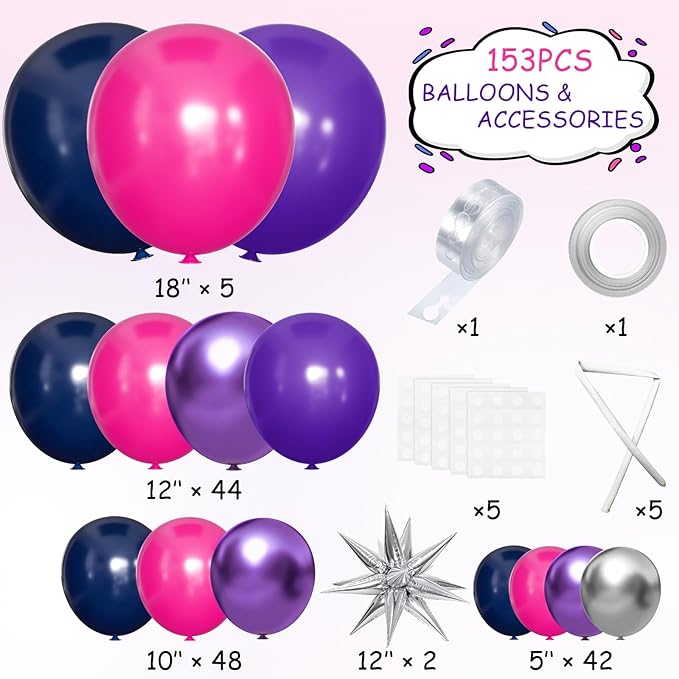 Hot Pink Purple and Nave Blue Baloon Garland Arch Kit, 141Pcs Latex Balloons Different Sizes 18 12 10 5 inch for Graduation Birthday Wedding Engagement Party Decorations