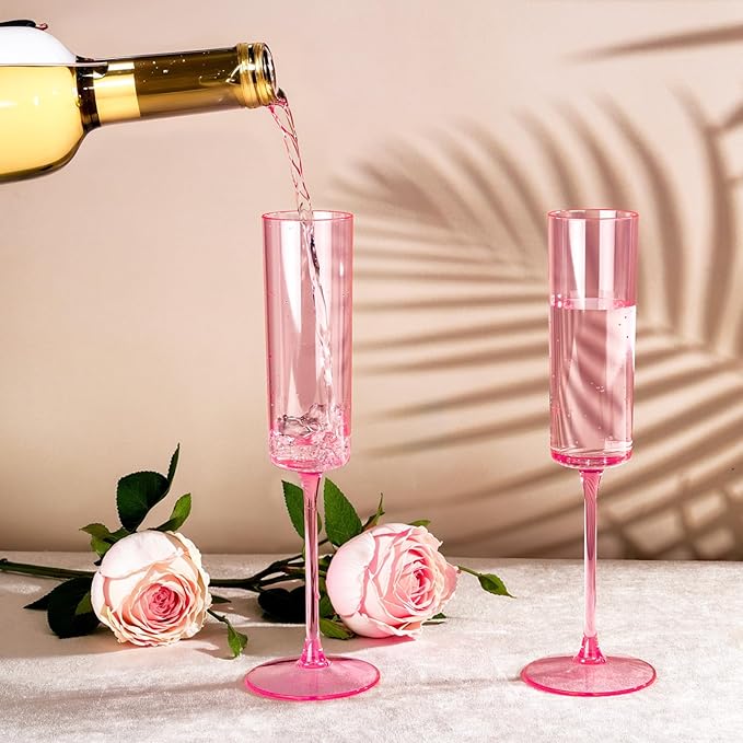 Ciaell 24 Pack Pink Plastic Champagne Flutes - Pink 6 Oz Disposable Champagne Glasses - Square Plastic Toasting Glasses for Party Birthday Anniversary Wedding & Easter