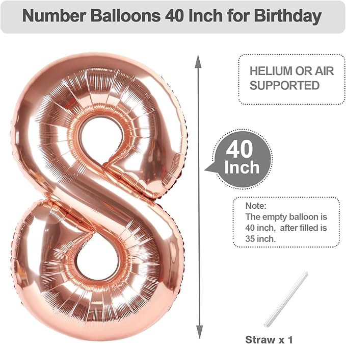 Balloons 8 Number, 40 Inch Rose Gold Big Birthday Decorations for Men, Balloons Decoration for Happy 8 18 28 80 Birthday, Wedding Anniversary, New Year, Halloween Party Decoration