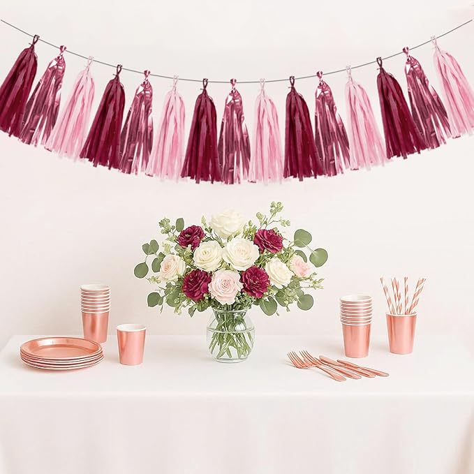 Rose-Gold Pink Burgundy Party Decorations - 15Pcs Tissue Paper Tassel Garland Birthday Decorations Valentines Day Decorations Baby Girl Shower Women Bridal Wedding Engagement Bachelorette HongTongTong