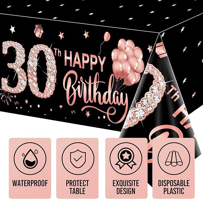3 Pack Rose Gold Happy Thirty Table Cover - 30th Birthday Party Supplies, Plastic Disposable Rectangular Table Cloth Decor