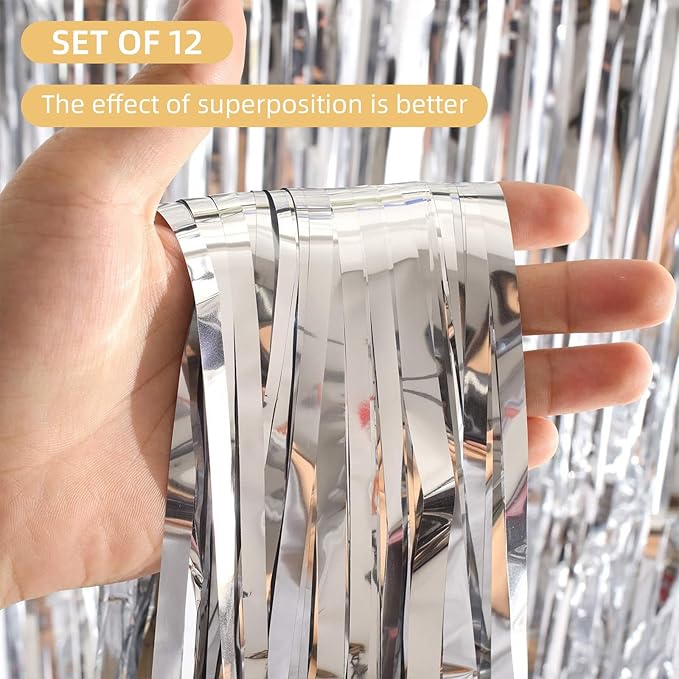 12 Pack Silver Foil Curtain Backdrop 3.2ft x 6.6ft Metallic Tinsel Fringe Backdrop Curtains Streamer Photo Booth Backdrop for Birthday Engagement Bachelorette Christmas Holiday Party Decorations