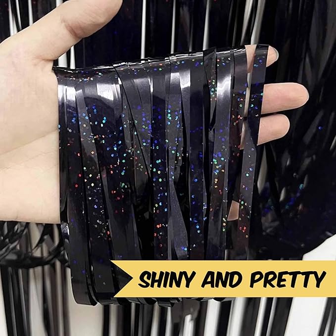 6 Pack Black Foil Fringe Curtains Backdrop, 3.28 x 8.2 Ft Metallic Streamers Tinsel Curtains Background for Photo Booth, Birthday, Halloween, Christmas, New Year Party Decorations