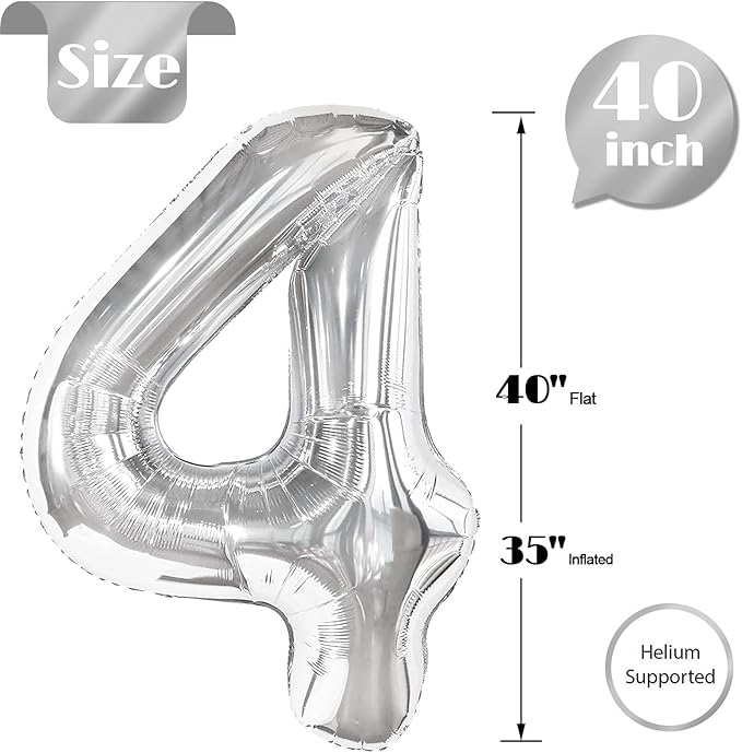 Silver Number 4 Balloon 40 Inch, 4 Balloon Number, 4th Birthday Decorations, Silver Party Supplies for Boys Girls