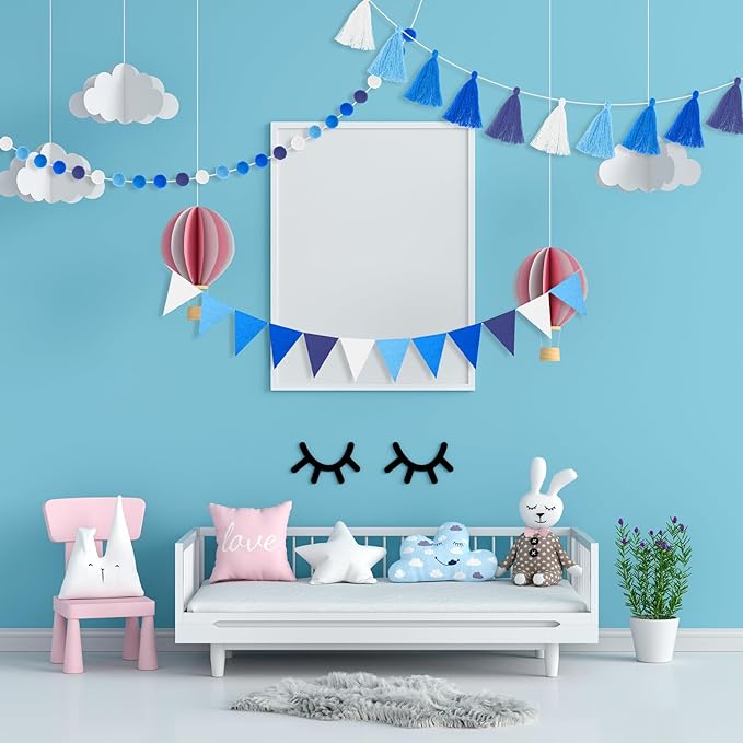 Irenare 9.8ft Pom Pom Garland Felt Rainbow Garland Graduation Party Decoration Colorful Pennant Tassel Banner Birthday Baby Shower Triangle Banner for Classroom School Mantel Fireplace(Blue)