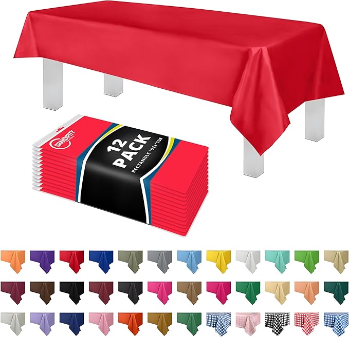 Grandipity 12 Pack Premium Disposable Plastic Tablecloth 54 Inch. x 108 Inch. Decorative Rectangle Table Cover - Red