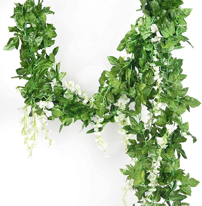 5pack Wisteria Garland Artificial Flower Garland Fake Wisteria Vines for Wedding Floral Decor-Total 36 Ft(White)