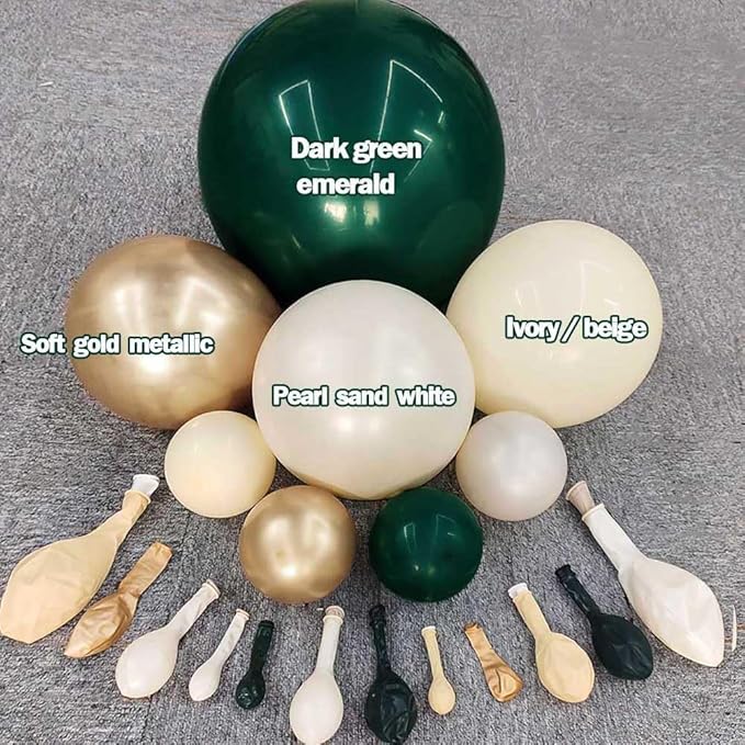Emerald Green Gold Balloon Arch Kit, Double Stuffed Dark Forest Green Pearl White Sand Ivory Balloon Garland for Birthday Wedding Anniversary New Year Valentines Party Decoration