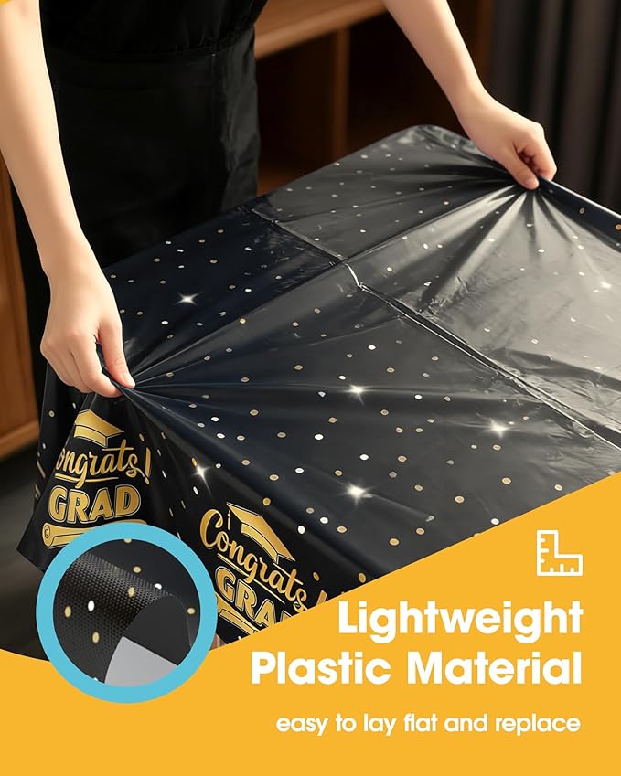 Graduation Black Plastic Table Cloth - 4 Pack 54" × 108" Rectangle Disposable Tablecloths for 6FT Tables, Table Cover for Party, Holiday & Gathering Use