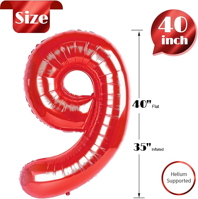 Red Number 9 Balloon 40 Inch, 9 Balloon Number, 9th Birthday Decorations, Red Party Supplies for Boys Girls