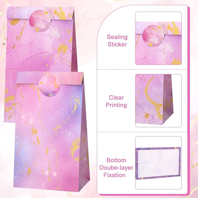 woric 36PCS Tie Dye Party Favor Bags with Stickers, Gradient Pink and Purple Small Gift Bags Self Stand Gold Foil Goodie Bag for Kids, Girls Birthday, Baby Shower, Wedding Party Favor Supplies