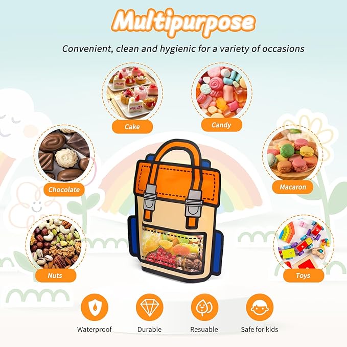EONSUI 30PCS Plastic Cartoon Backpack Shaped Goodies Bags with Handles for Kids Birthday, Back to School Supplies, Baby Shower, Party, Wedding, Reusable Bulk Gift Wrapper for Candy, Snacks, Chocolate