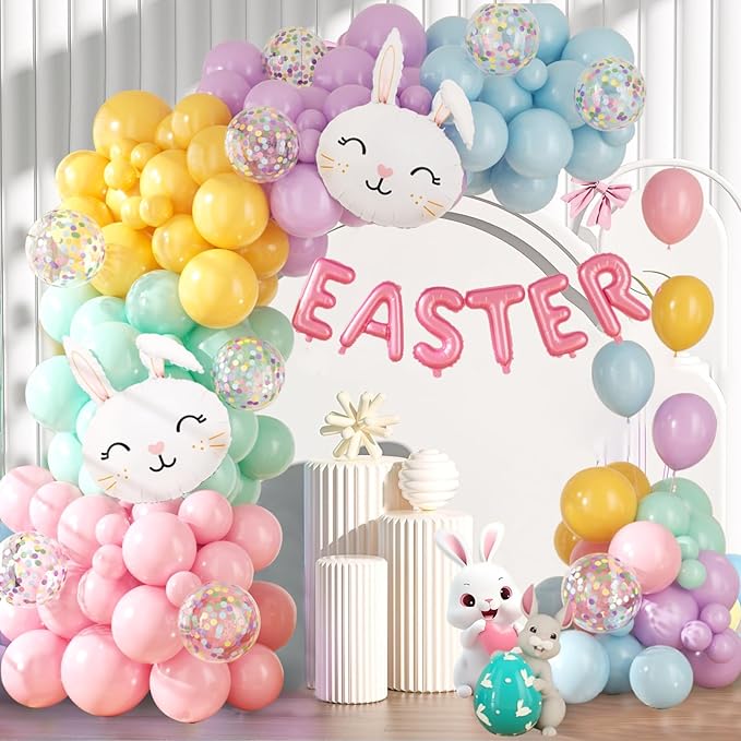 Easter Decorations Indoor Outdoor Balloon Arch Kit, Rainbow Easter Balloon Garland Kit,Happy Easter Color Balloons,Easter Bunny Balloons for Rainbow Easter Birthday Party Decorations