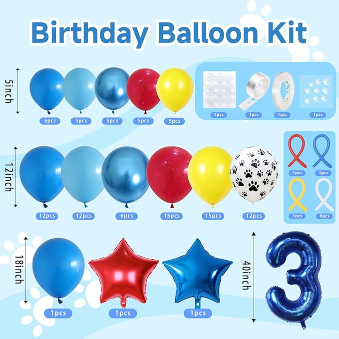 3rd Birthday Decorations Boy, Dog Paw Three Years Old Party Arch with Red Blue Yellow Long Latex Balloons 40 inch Number 3 Balloon and Star Foil for Paw Birthday Party Supplies