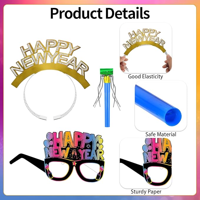Openfly 36Pcs New Years Eve Party Supplies 2026 Happy New Year Hats Headband Tiara Noise Makers Paper Glasses Party Favors