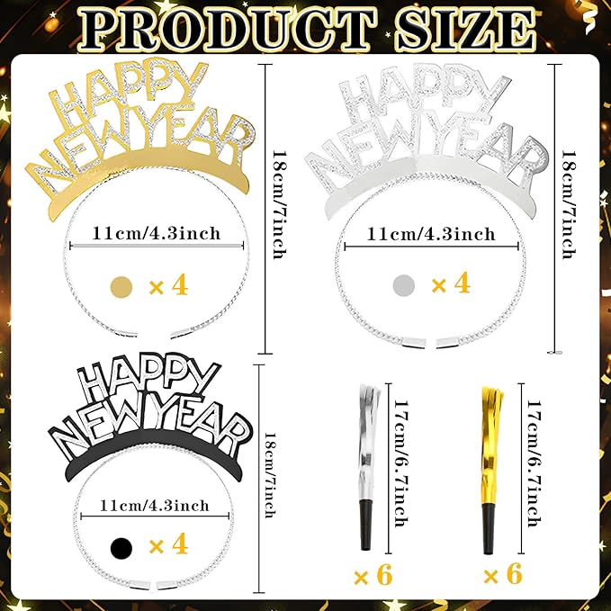 36Pcs 2026 New Year Eve Party Supplies,Happy Next Year Headband Tiara,News Year Eyeglasses Prop,Fringed Noise Makers for 2026 New Years Party Favors