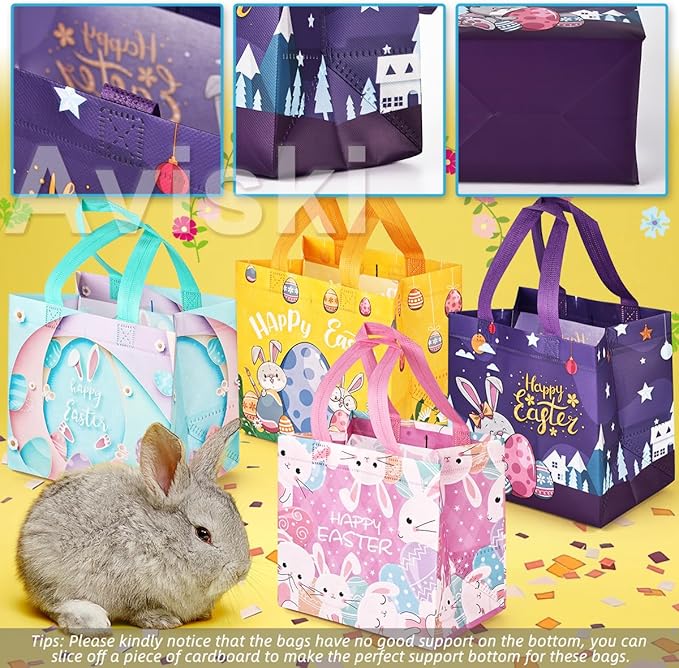 24PCS Happy Easter Egg Hunt Bags, Assorted Sizes Easter Bunny Carrot Chick Egg Gift Bags with Handles, Easter Treat Bags, Multifunctional Non-Woven Easter Bags for Gifts Wrapping, Egg Hunt Game,