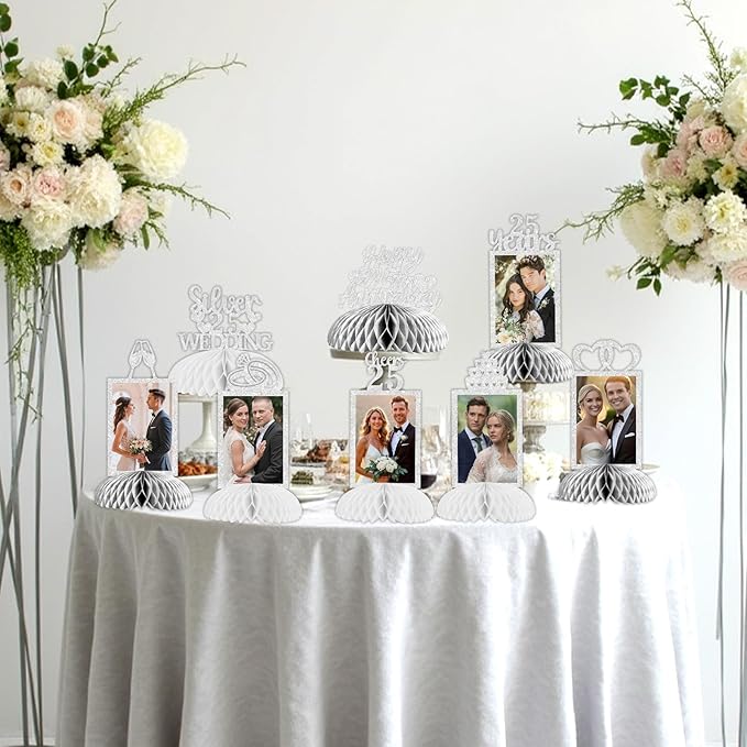 Cheereveal 8 Pieces Happy 25th Wedding Anniversary Honeycomb Centerpiece, Silver Glitter Photo Table Topper, Cheers to 25 Years Silver Wedding Theme Party Supplies for Men and Woman