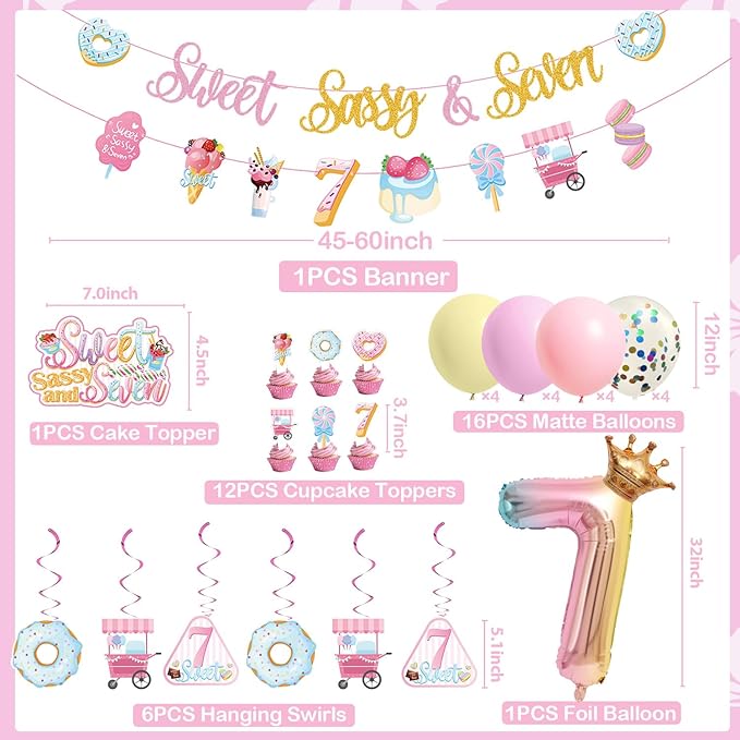 Sweet Sassy And Seven Birthday Decorations- 7th Birthday Decorations For Girls With Donut Banner Sweet Cake Topper 7th Foil Balloon For 7th Donut Themed Party Decor Sweet Seven Party Supplies