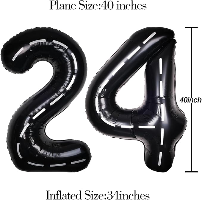 Race Car 40Inch Black 24 Balloon Number Large Helium Race Track 0-9 Giant Digital 24th Foil Mylar Big Party Number Balloons for Boy Birthday Car Theme Party Anniversary Graduation Decorations