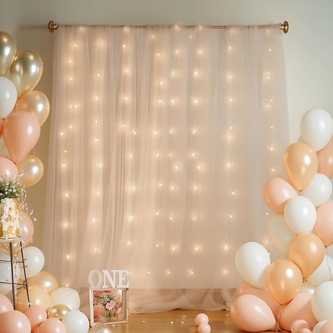 10x8ft Champagne Tulle Backdrop Curtain with Lights String for Parites, Sheer Backdrop Curtains for Wedding Baby Shower Birthday Party Photo Shoot Decorations