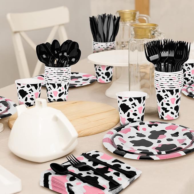 durony 144 Pieces Pink Cow Print Party Tableware Set Including Cowgirl Pink Cow Party Plates Cups Napkins Forks Serves 24 for Baby Shower Farm Cow Party Decorations