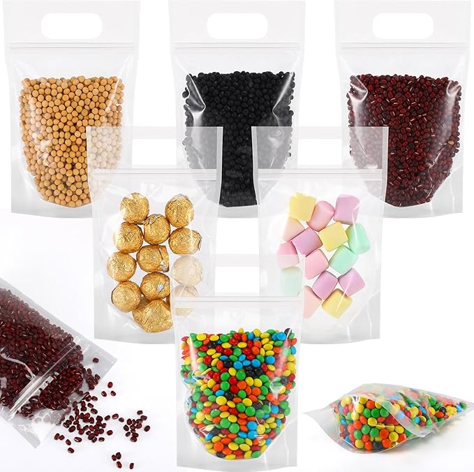 Sinload 60 Pcs Plastic Gift Bag Bulk 5.5 x 8.7 Inch Resealable Party Goodie Bag with Clear Window Color Favor Pouch with Handle for Home Birthday Wedding Party Candy Gift Wrap(Transparent)