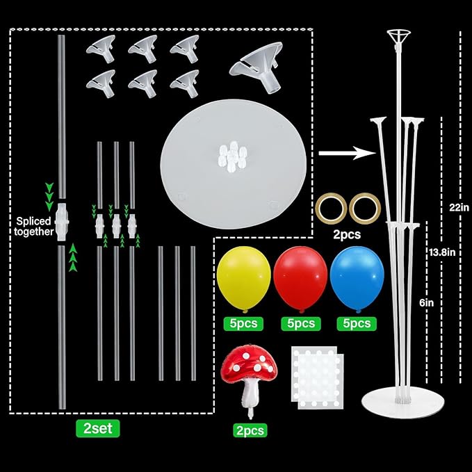 Mushroom Party Balloons Stand Kit 2 Sets with 2 Mushroom Foil Balloons Super Themed Brothers Balloon Centerpiece for Tables Spring Forest Plant Birthday Video Game Party Decorations