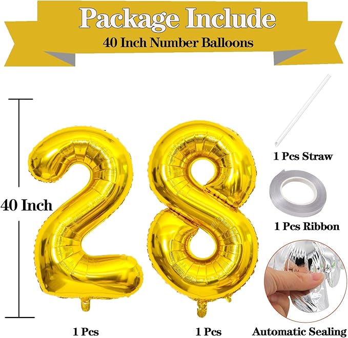 Large Gold 28 Number Balloons, 40 Inch Jumbo Number 28 Balloon, Gold Foil Mylar Balloons for Girl Sweet 28th/62th Birthday Party, Anniversary Decorations