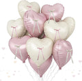 Pink White Heart Balloons with Ribbon Bow, 10 Pcs Baby Pink Cream Heart Shape Foil Balloons, 18In Pastel Nude Light Rosa Helium Balloon with Bow Decor for Girl Baby Shower Women Birthday Bridal Shower