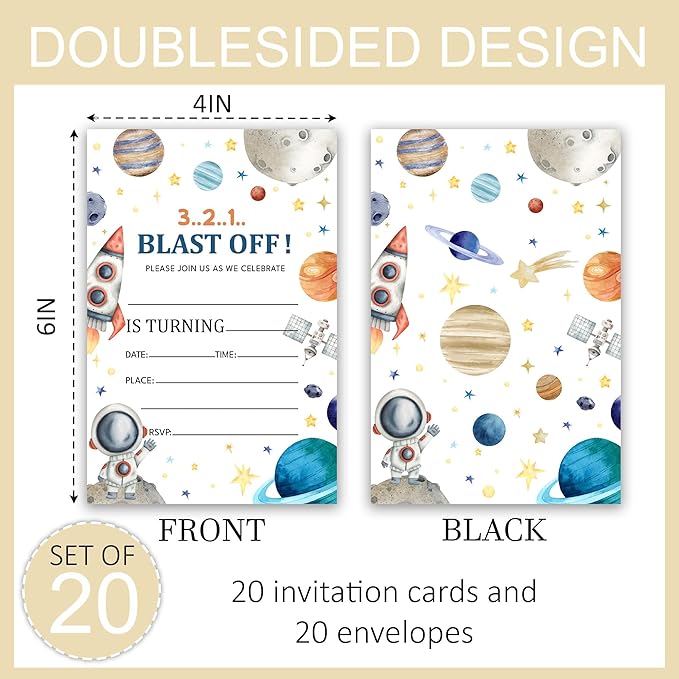Space Birthday Party Invitations, Astronaut Outer Space Theme Invitation Cards with Envelopes, Fits for Boys Girls Teen, 20 Count Double Sided Printed & Fill In Blank-4 x 6, Party Supplies