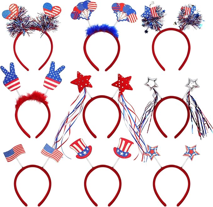 9PCS 4th of July Decorations Patriotic Head Boppers Headband, Independence Day Red White Blue Party Favors Accessories