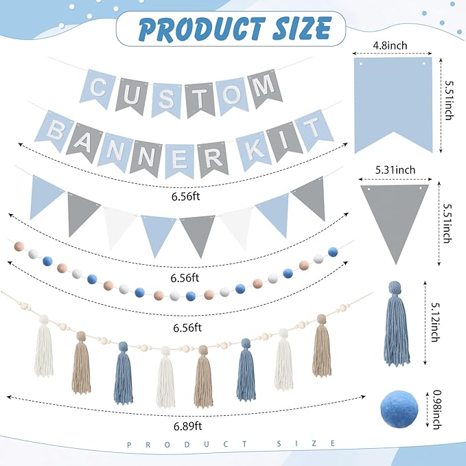 139 Pcs Felt DIY Custom Banner Kit Include 104 Letters 18 Swallowtail Flags 15 Pennants 2 Pcs Pom Pom Garland Tassel Pompom Decoration for Home Baby Shower Birthday(Baby Blue)