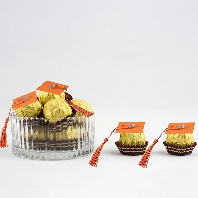 Gyufise 36Pcs 2026 Graduation Cap Cupcake Toppers with Tassel Adhesive Dots Chocolate Decorations Class of 2026 Congrats Grad Cap Cupcake Decorations for 2026 Graduation Theme Party Supplies Orange