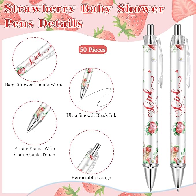 50 Pcs Strawberry Baby Shower Ballpoint Pens Favors Bulk,Baby Shower Gifts for Guest Prizes Neutral Gender Reveal Includes 50 Rolling Paper Pens and 50 Greeting Cards Souvenirs (Strawberry)