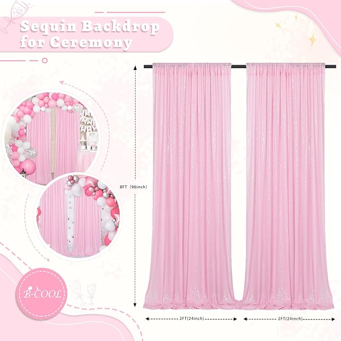 B-COOL Pink Sequin Backdrop 2ftx8ft Sparkly Backdrop Curtains 2 Panels Sequin Curtain Fabric Drapes for Girls Birthday Holiday Sweetheart Baby Shower Party Decoration