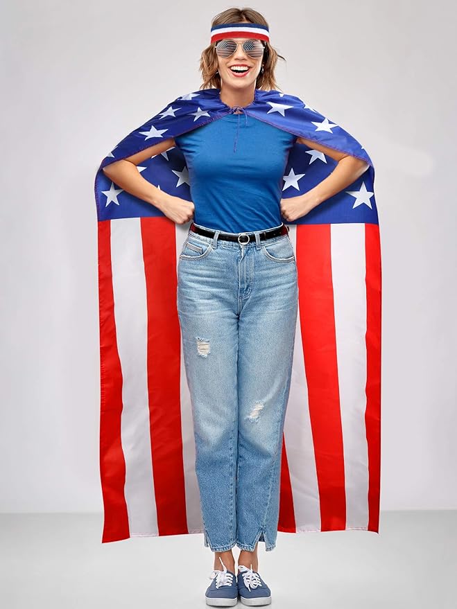 Frienda 250 Year American Flag Costume Cape, Retro 80's USA Sunglasses and Flag Headband for 250th Anniversary 4th of July