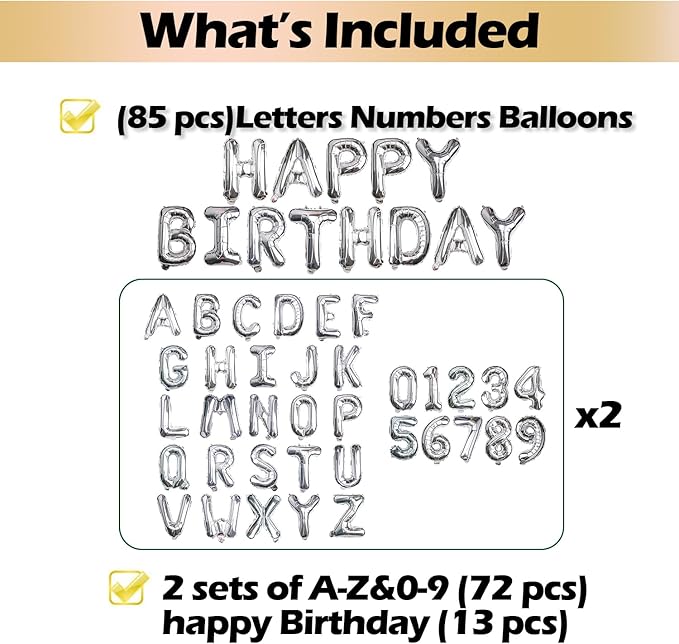 [85 PCS] 16" Silver Letter Number Balloons, Happy Birthday & 2 Sets of A-Z 0-9, Foil Mylar Aluminum Hanging Alphabet for Graduation New Year eve Birthday Party Decorations