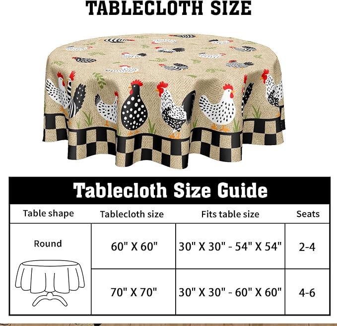 Rooster Round Tablecloth 70 Inch Chicken Farmhouse Circle Table Cloth Rustic Vintage Table Cover Washable Polyester Decorations for Holiday Home Kitchen Dinning Party