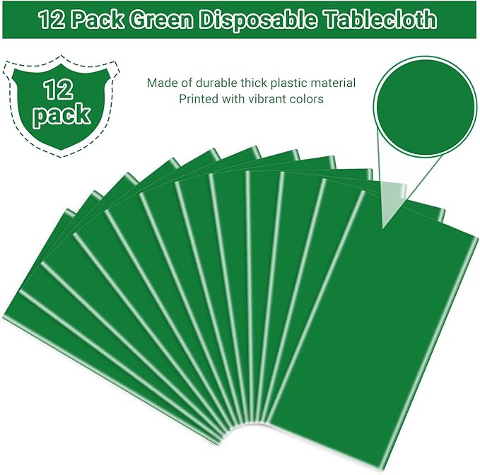 MRJ 12 Packs Green Plastic Tablecloths 54x108 Inch, Disposable Rectangle Table Cover for St. Patrick's Day Christmas Outdoor Parties
