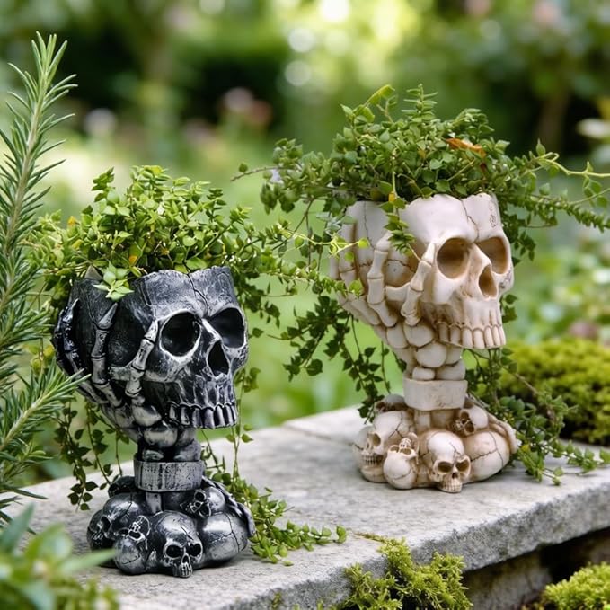Skull Planter, Gothic Planters for Halloween Decorations Indoor/Outdoor Plants, Goth Flower Pots, Plant Pots, Skull Flower Pot, Plant Pot, Unique Vase with Drainage(Tall Black)