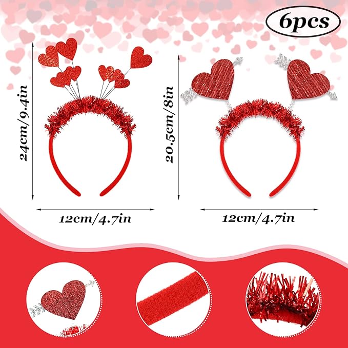 Whaline Valentine Party Accessories 6Pcs Glitter Red Heart Bopper Headbands and 6 Pairs Heart Shape Eyeglasses Love Arrow Sparkling Hairband Transparent Eyewear for Wedding Party Favor Supplies