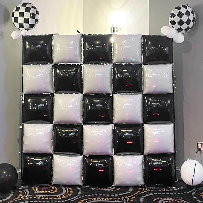 Black and White Square Foil Balloons Wall, 25PCS Double Sided Pearl White and Metallic Black Checkered Square Balloon Backdrop Wall Party Decorations for Racing Car Disco Birthdays New Year Background