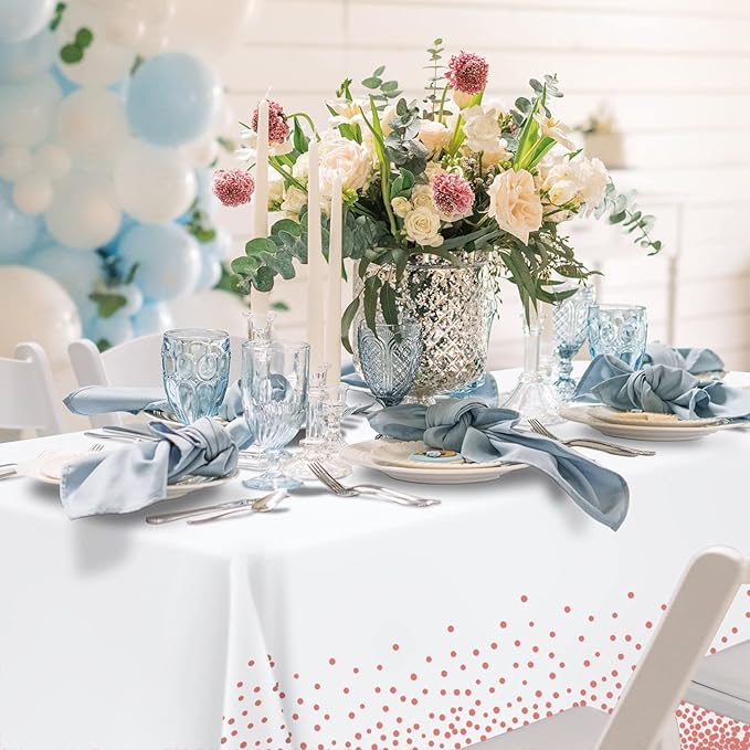 Rose Gold Polka Dot White Tablecloth, 2 Pcs Disposable Plastic Table Cloths, Rose Gold Confetti Table Cover for Birthday Parties Wedding Anniversary Baby Shower Fine Dining Decor 54 × 108 inches