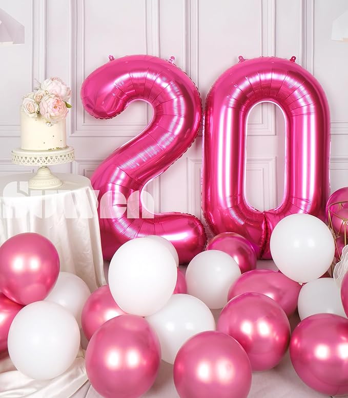 SUWEN 40 Inch Hot Pink Large 20 Number Balloons Big Foil Helium Number Balloons 0-9 Jumbo Happy 20th Mylar Birthday Party Decorations for Women Anniversary Party Supplies